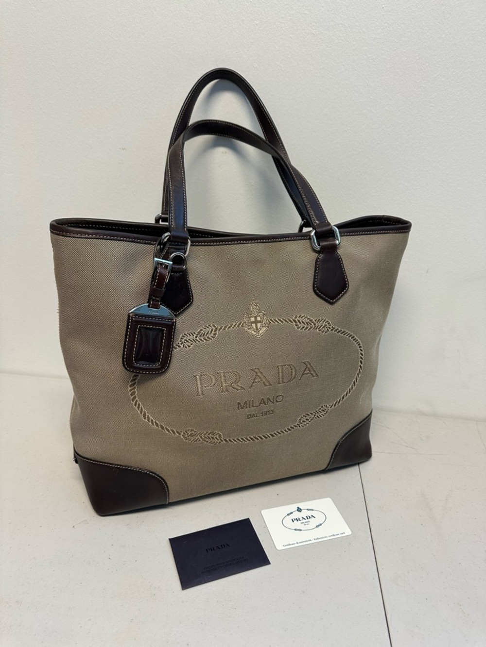 Prada Taupe Canvas Tote with Dark Brown Leather Trim